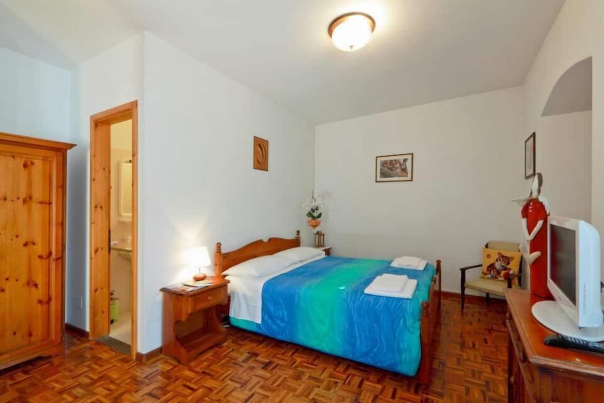 Un dormitorio con suelo de madera, una cama con colcha azul y verde, un televisor sobre una mesita de madera y un armario de madera.