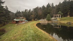 A house with a green roof, a pond, and a wooden structure in a forested area. - Ledges by GetAway (Bridgewater Corners)