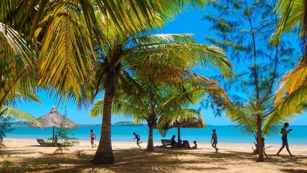 Ein Strand mit Palmen, einem Reetdachschirm und Menschen, die spazieren gehen.