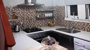 Kompakti keittiö, jossa on kaasuliesi, sisäänrakennettu uuni, mikroaaltouuni, pesuallas ja pyykinpesukone.
