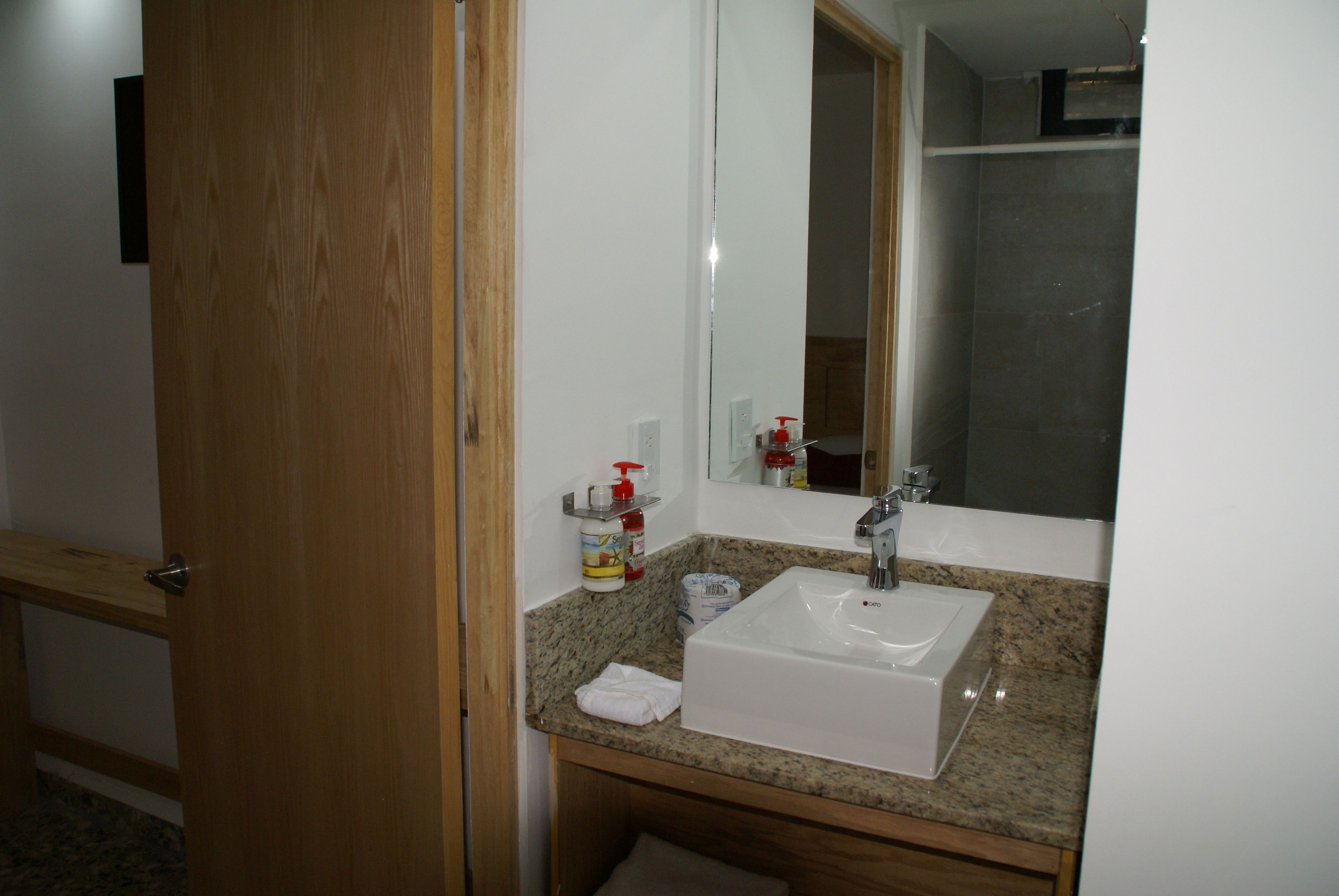 Un baño con un lavamanos blanco, un espejo y una puerta de madera.