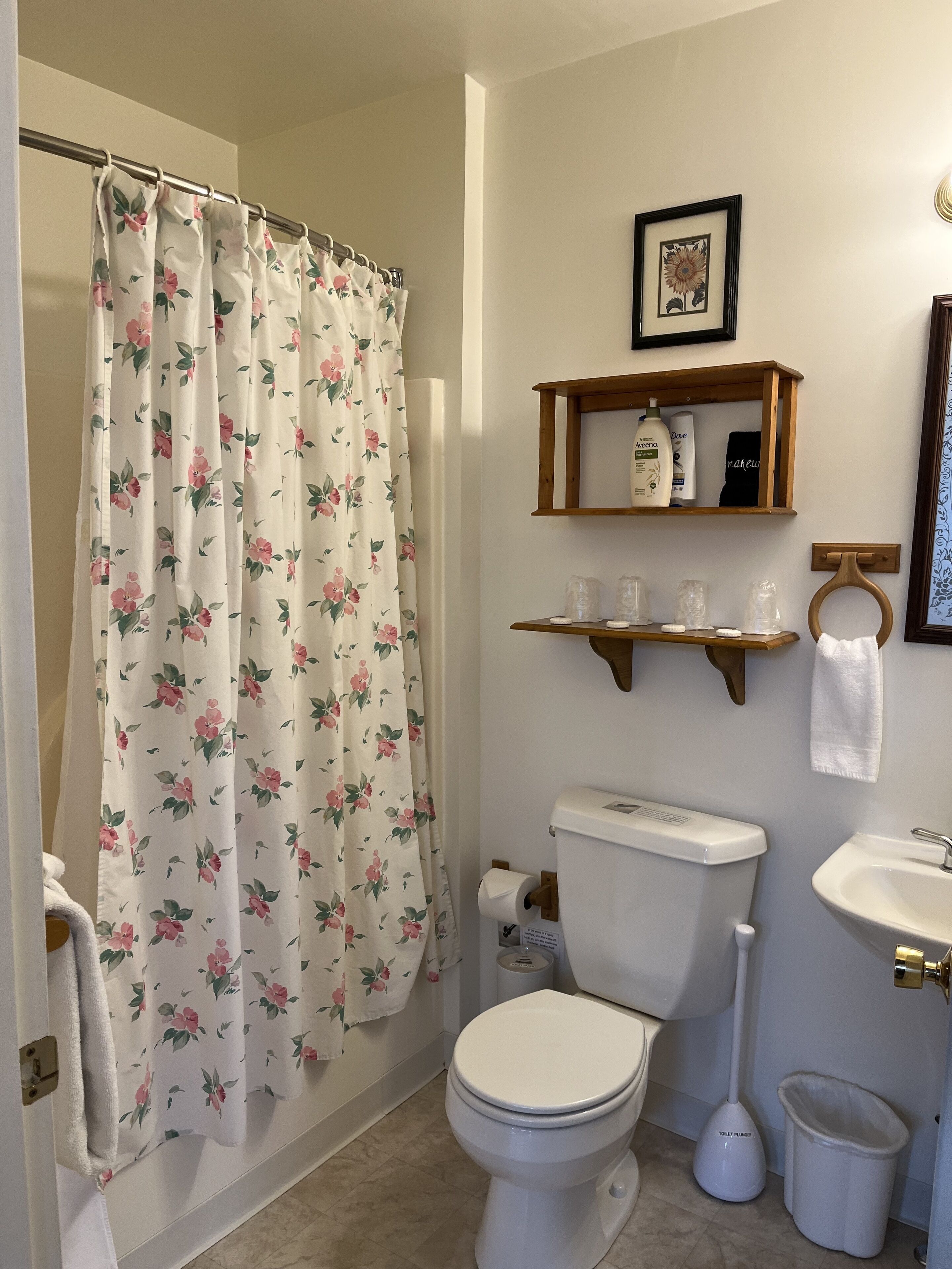 A bathroom with a toilet, bidet, sink, shower curtain, and a shelf with toiletries.