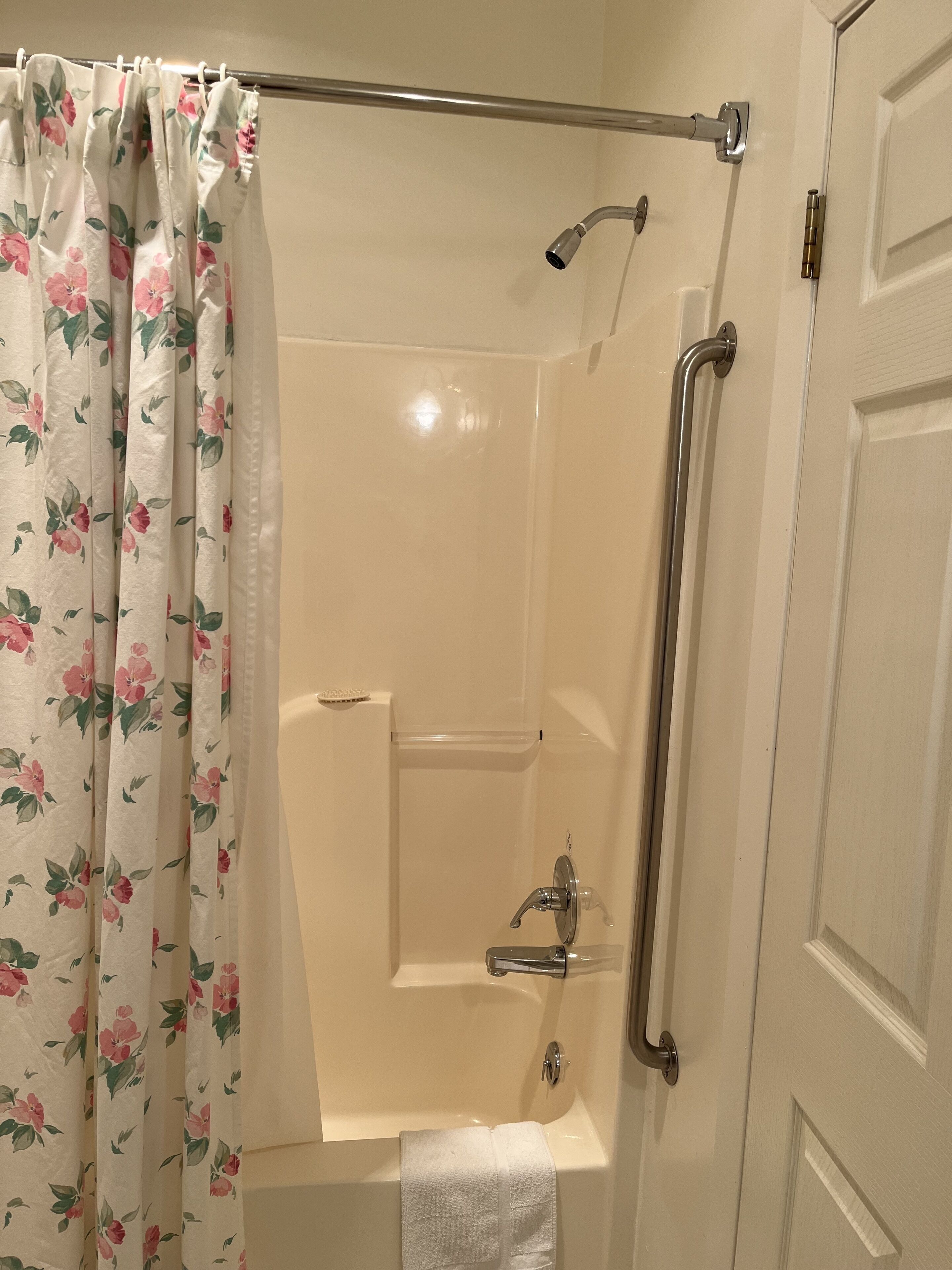 A shower area with a grab bar, a handheld showerhead, and a towel rack.