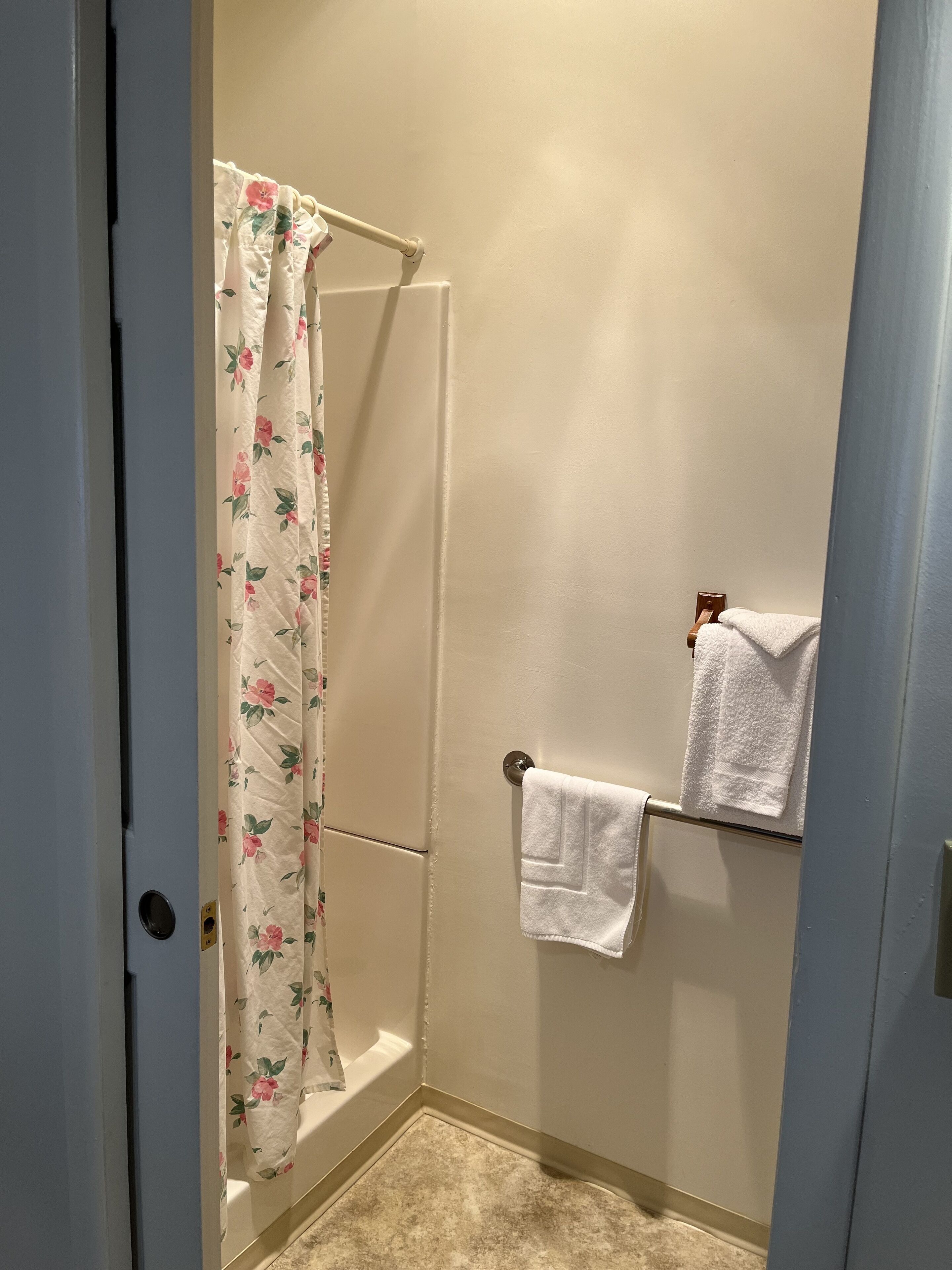 Un baño con ducha, un perchero con dos toallas y una cortina de baño estampada con motivos florales.