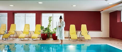 Indoor pool, open 7:00 AM to 9:30 PM, sun loungers