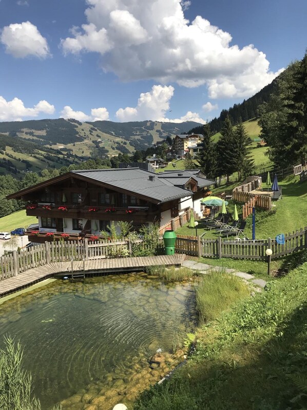 A wooden chalet with a deck, a small pond, and a view of a mountainous landscape.