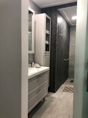 Secadora de cabello, toallas, shampoo, papel de baño 