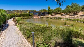 A modern house with a pond, surrounded by greenery and a clear blue sky. - Stunning 3 bedroom en-suite house in farm with pool (Estoi)
