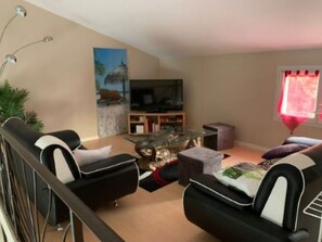 Smart TV, fireplace, DVD player, books