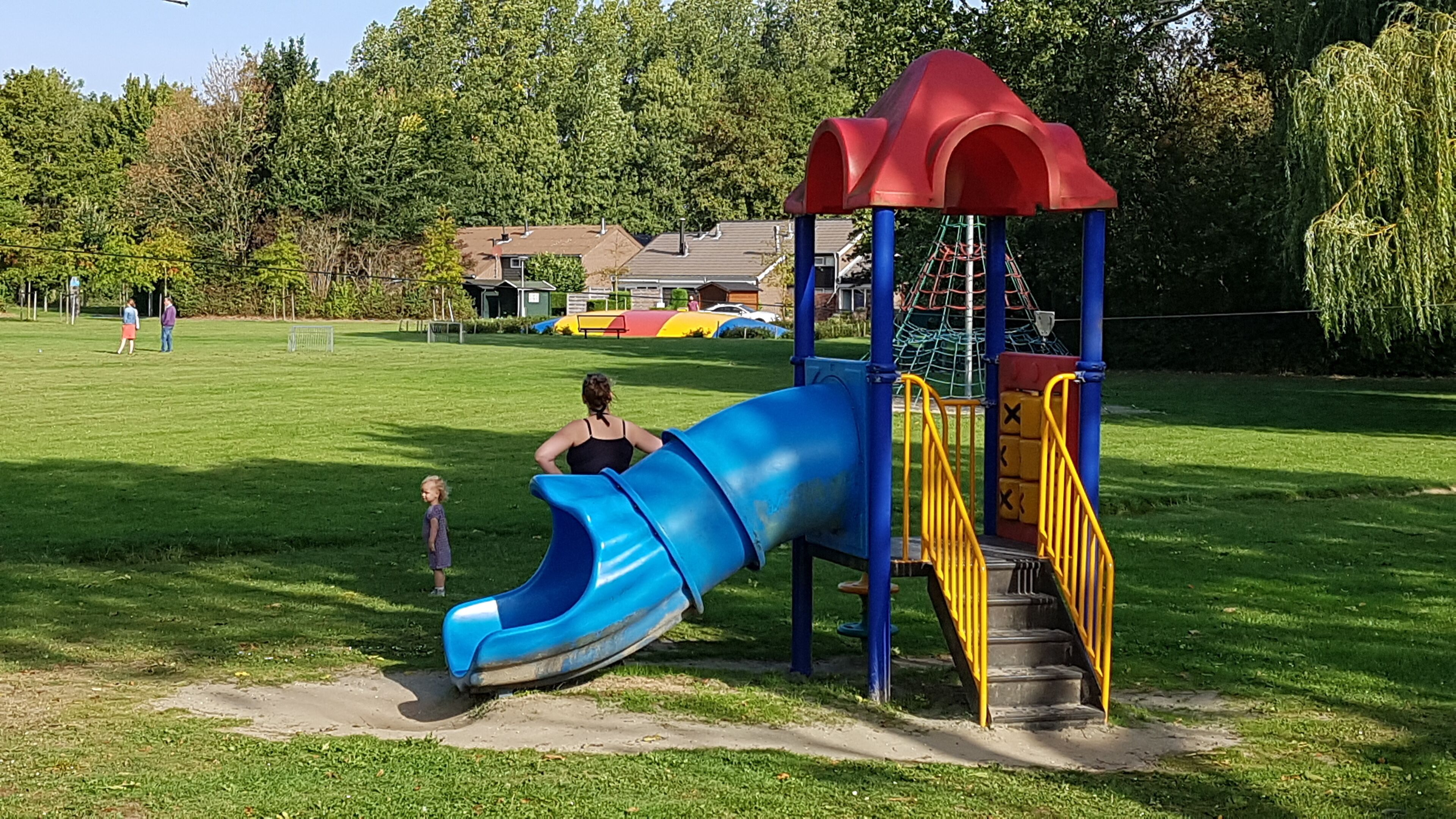 A playground with a blue slide and red climbing structure.