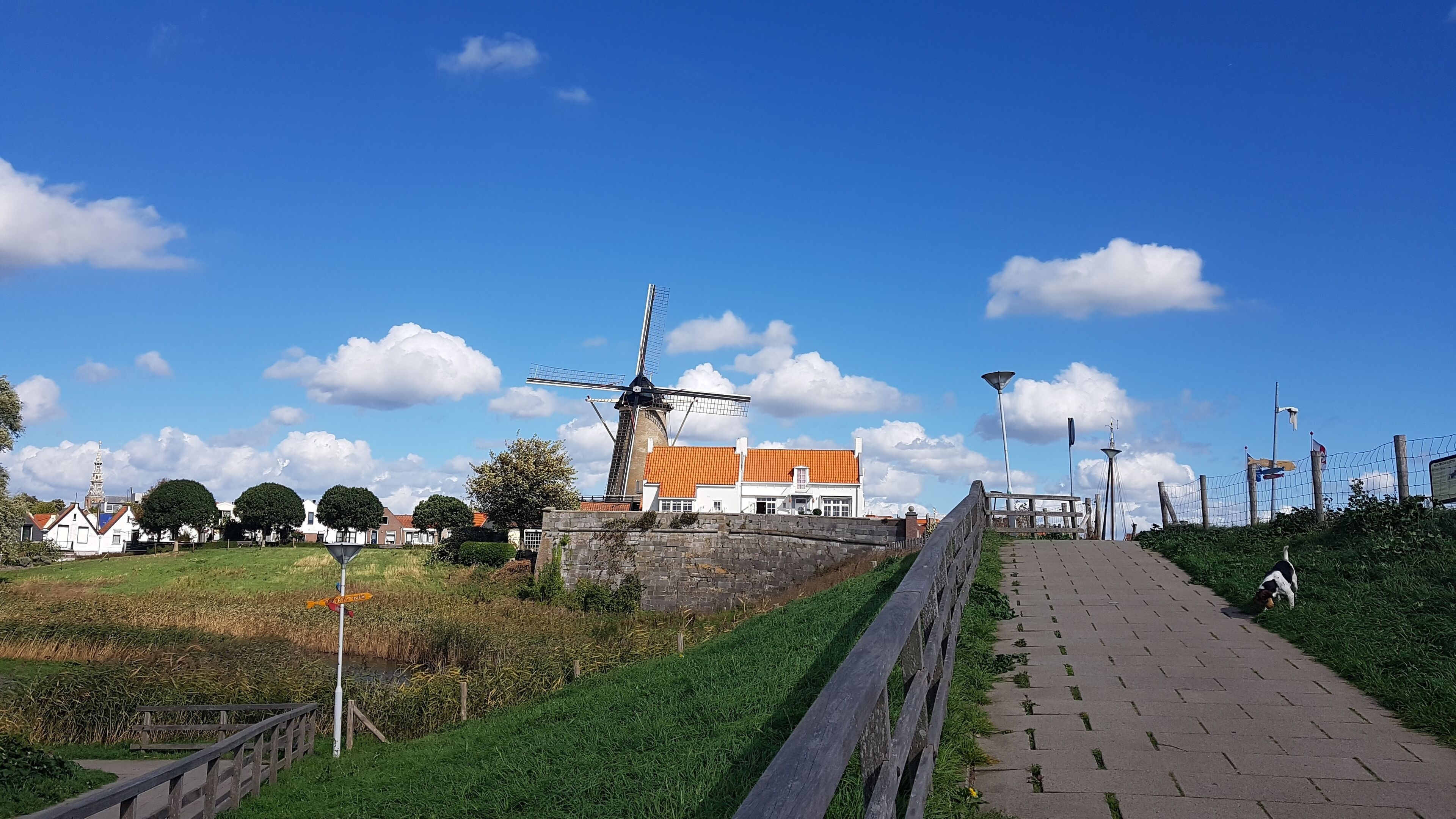 A pathway leading to a windmill and a building with a red roof.