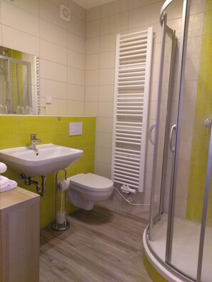 Shower, hair dryer, towels, toilet paper