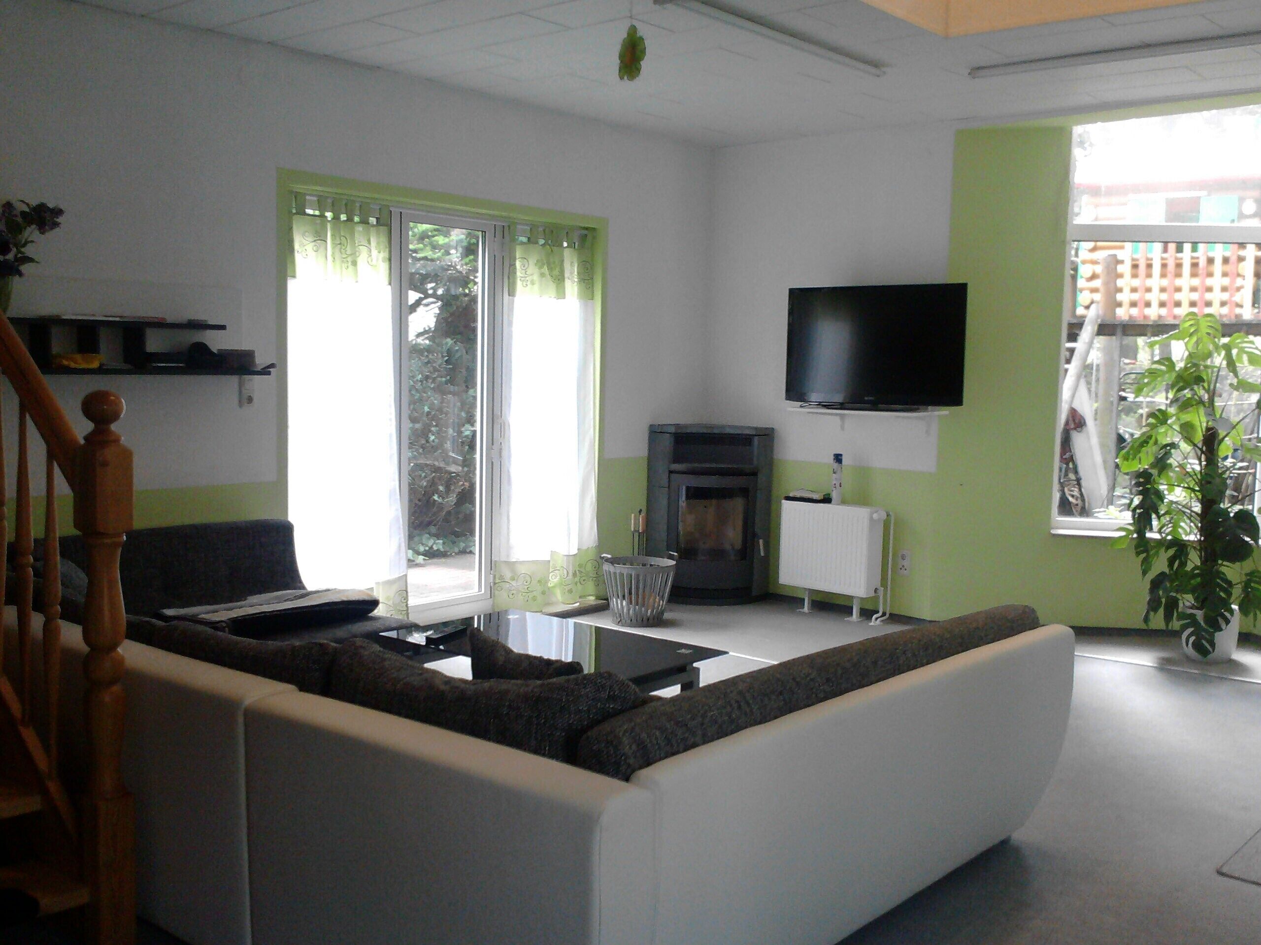 Télévision, cheminée, lecteur de DVD, livres