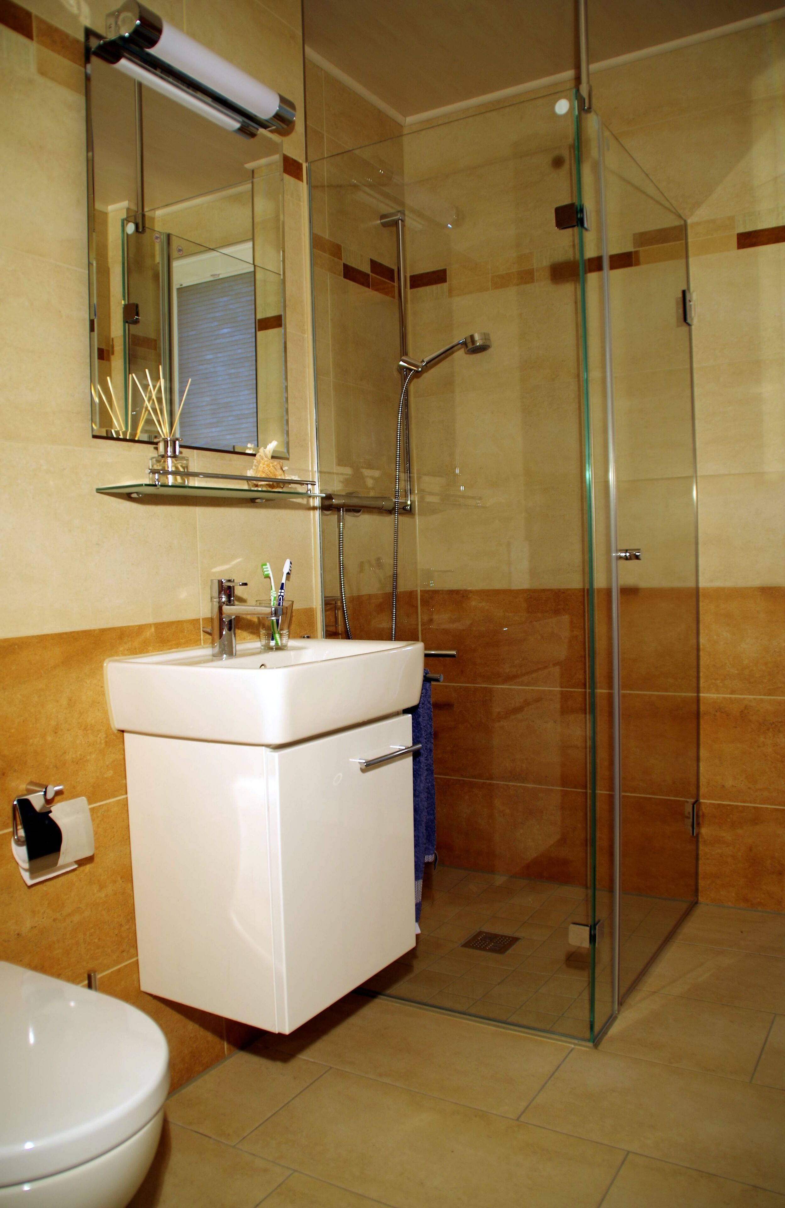 A bathroom with a glass-enclosed shower, a white sink with a mirror above it, and a toilet.