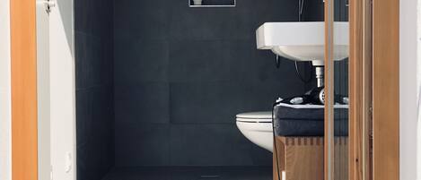 Dusche, Haartrockner, Handtücher, Shampoo