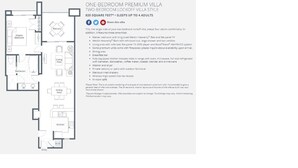 Plano de planta de una villa premium de un dormitorio, con dormitorio principal, balcón, sala de estar, comedor, cocina, baño y entrada.