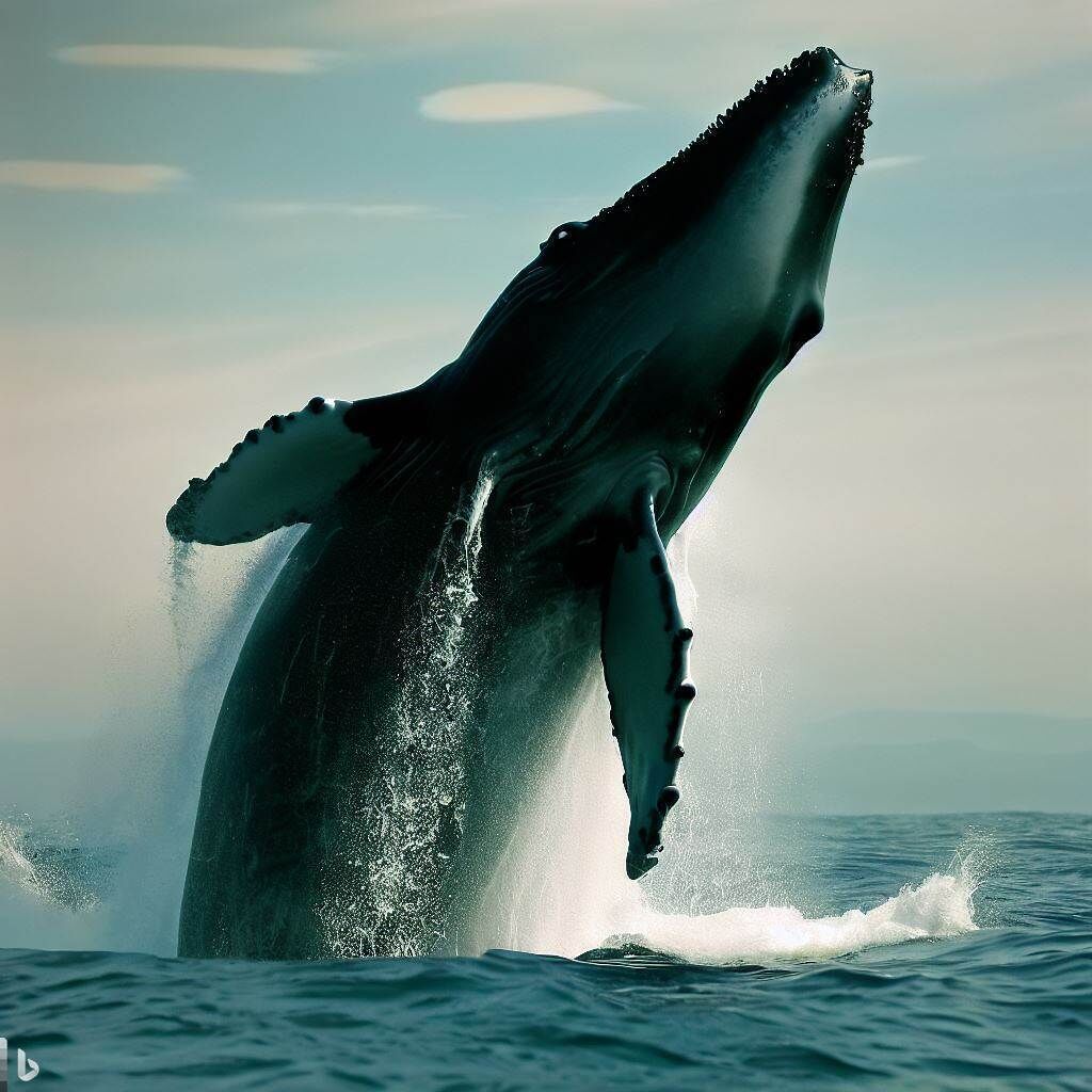 Un'enorme balena che esce dalla superficie dell'acqua.