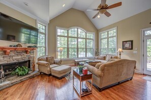 TV, DVD player, video library, stereo