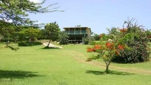 A building with a flat roof and a balcony, surrounded by a grassy area with trees and shrubs.