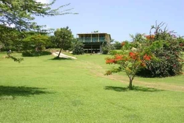 A building with a flat roof and a balcony, surrounded by a grassy area with trees and shrubs.