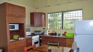 A compact kitchen with wooden cabinets, a microwave, a stove, and a window with a view of greenery.