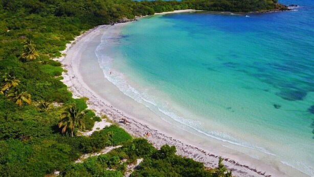 An aerial view of a beach with clear turquoise waters, a sandy shoreline, and lush greenery.