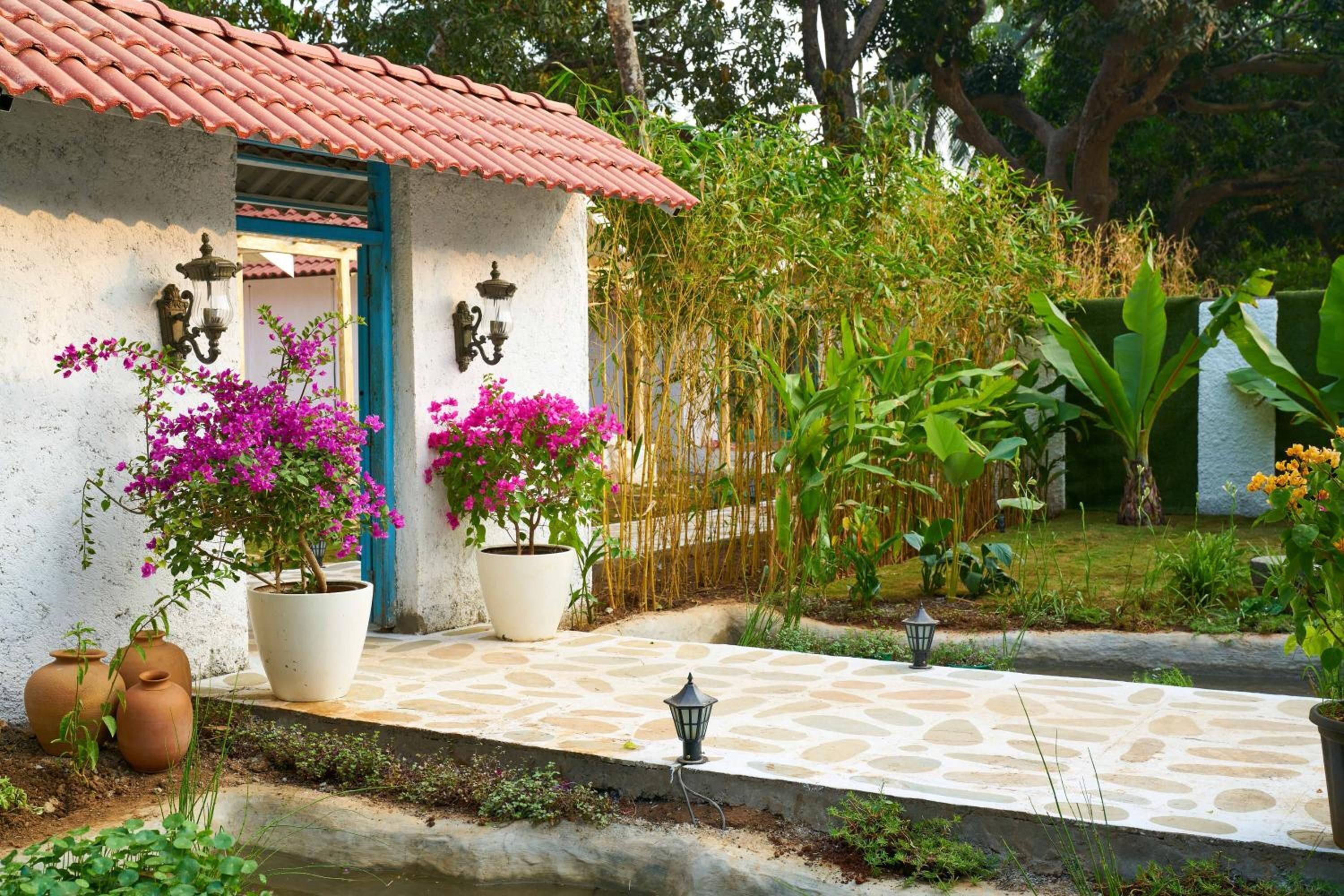 Un petit bâtiment doté d’un toit en tuiles, de plantes en pot et d’un chemin pavé de pierres.