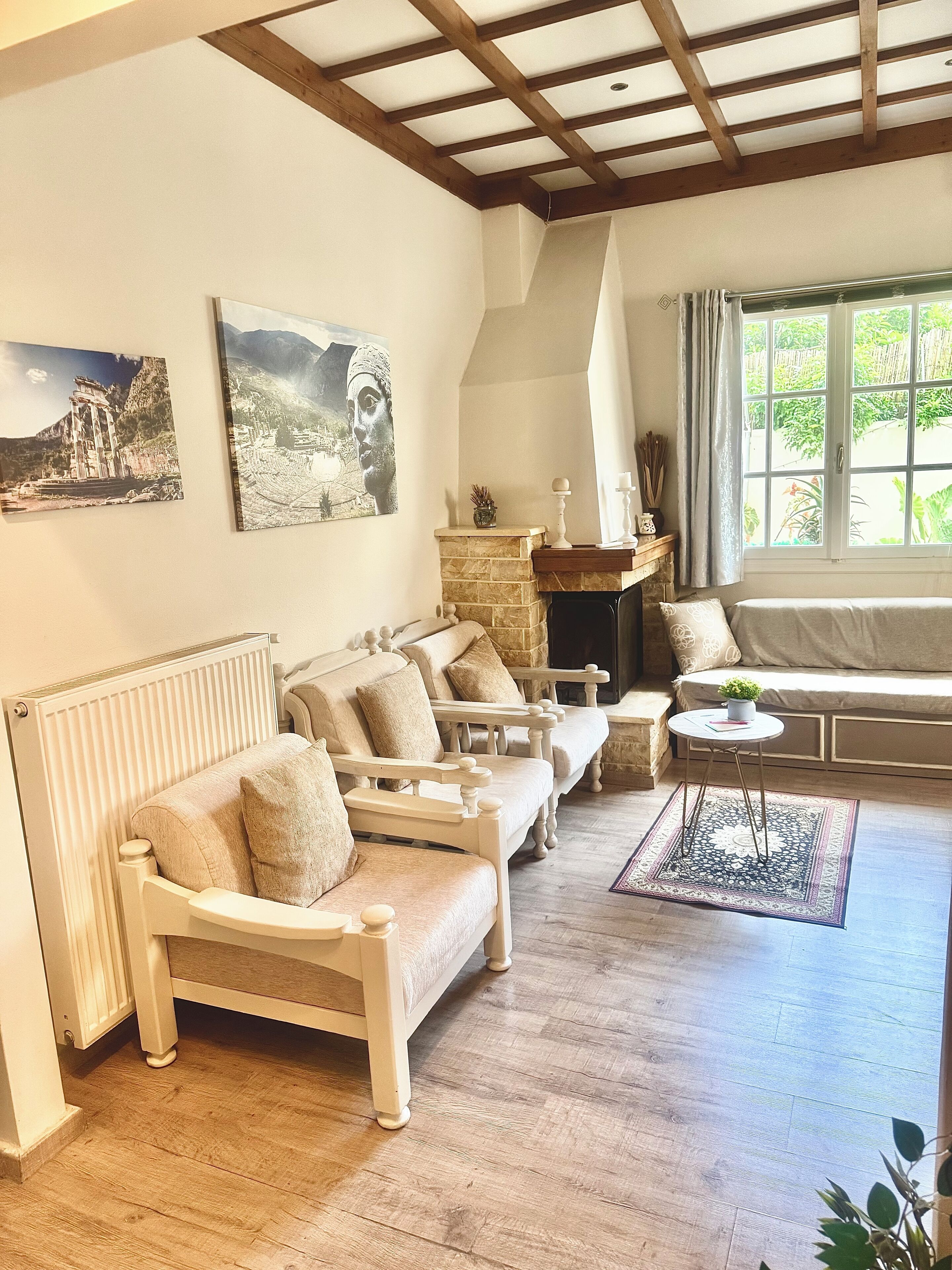 Smart TV, fireplace, books, offices