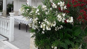 A white building with a balcony, a table with chairs, and potted plants with white and red flowers. - Holiday House Perkic mm (Rab)