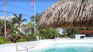 A pool area with a thatched roof, lounge chairs, and a sign indicating no diving.