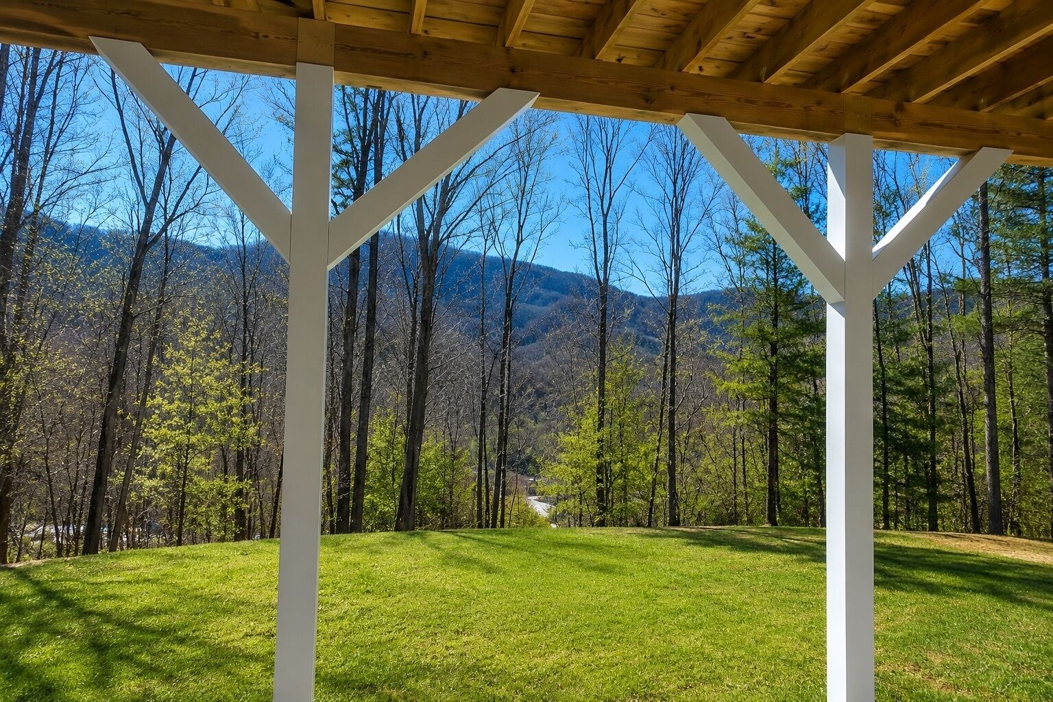 A covered outdoor area with a view of a forest and mountains.