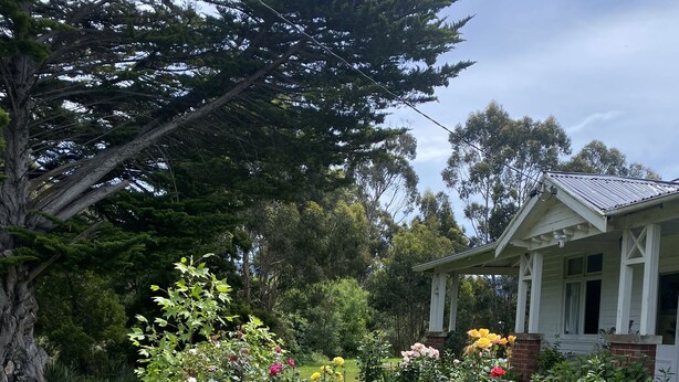 A garden pathway leading to a house with a white facade and brick foundation. - River Front Estate (Huonville)