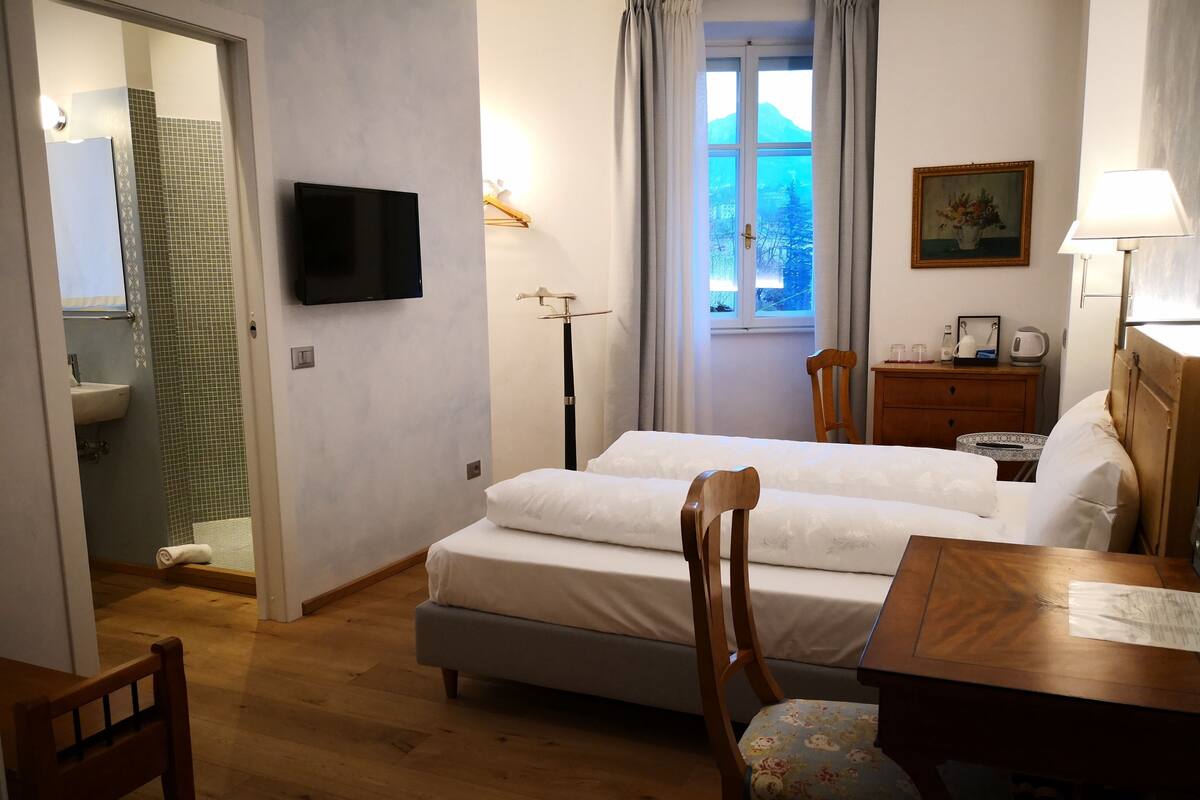 A hotel room with a bed, a desk, a chair, a television, a window with curtains, a painting, and a bathroom with a sink and shower.