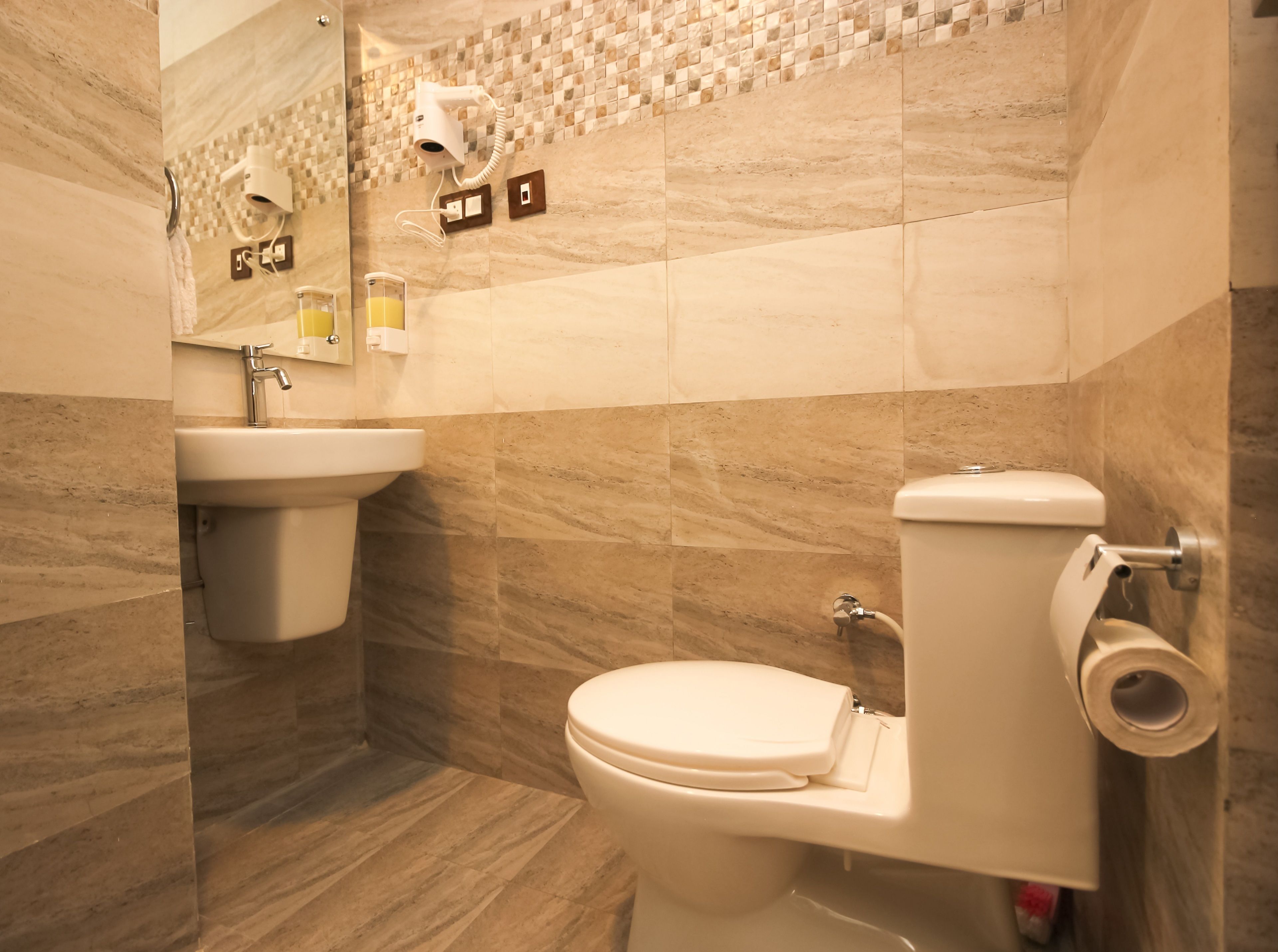 shower, rainfall showerhead, hair dryer, towels