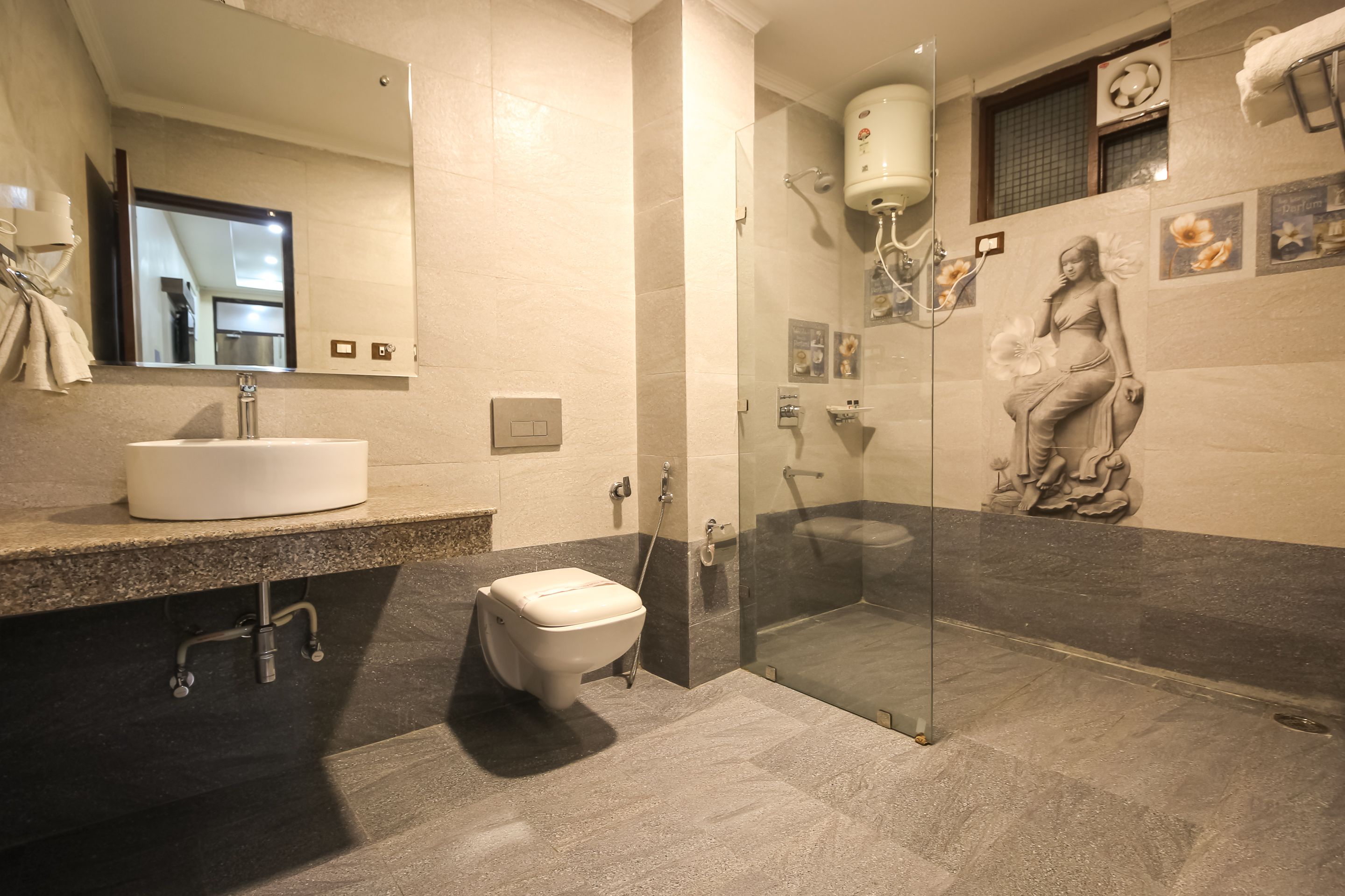 shower, rainfall showerhead, hair dryer, towels