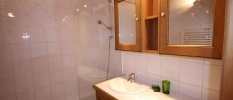 A bathroom with a shower, a sink, and a mirror.