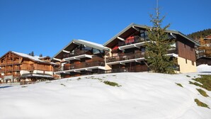 A multi-story wooden chalet with balconies, set against a snowy landscape. - Charming studio cabin with enclosed garage in Les Saisies (Les Saisies)