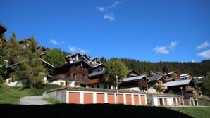 A cluster of traditional wooden houses with sloped roofs, set against a backdrop of dense forest and clear blue sky. - Les Saisies - 2-room with fireplace for 6 people (Les Saisies)