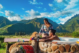 A stone bathtub with a person and a dog in a mountainous landscape.