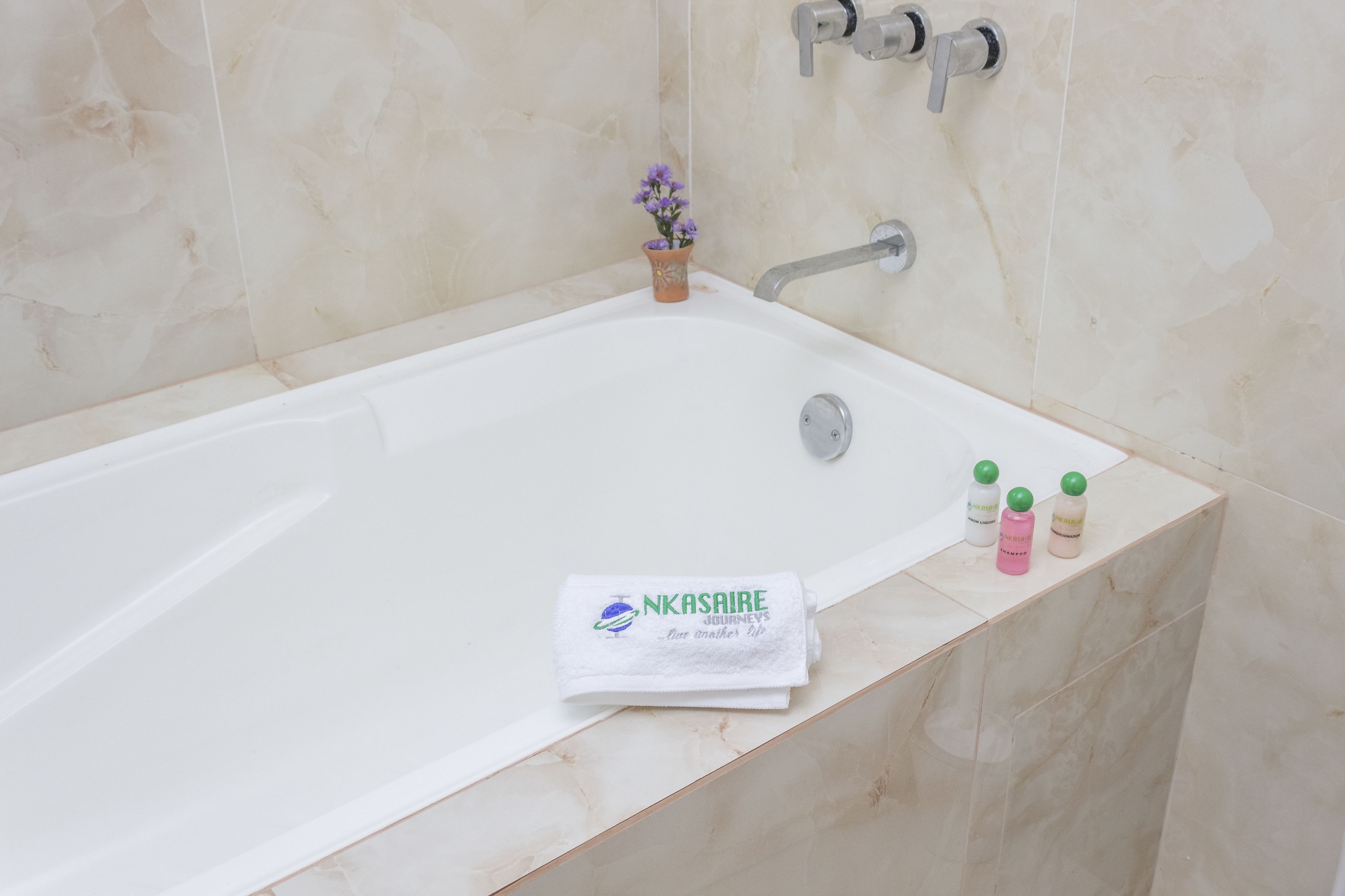 Un baño con bañera, una pequeña planta en maceta y artículos de aseo en el borde.