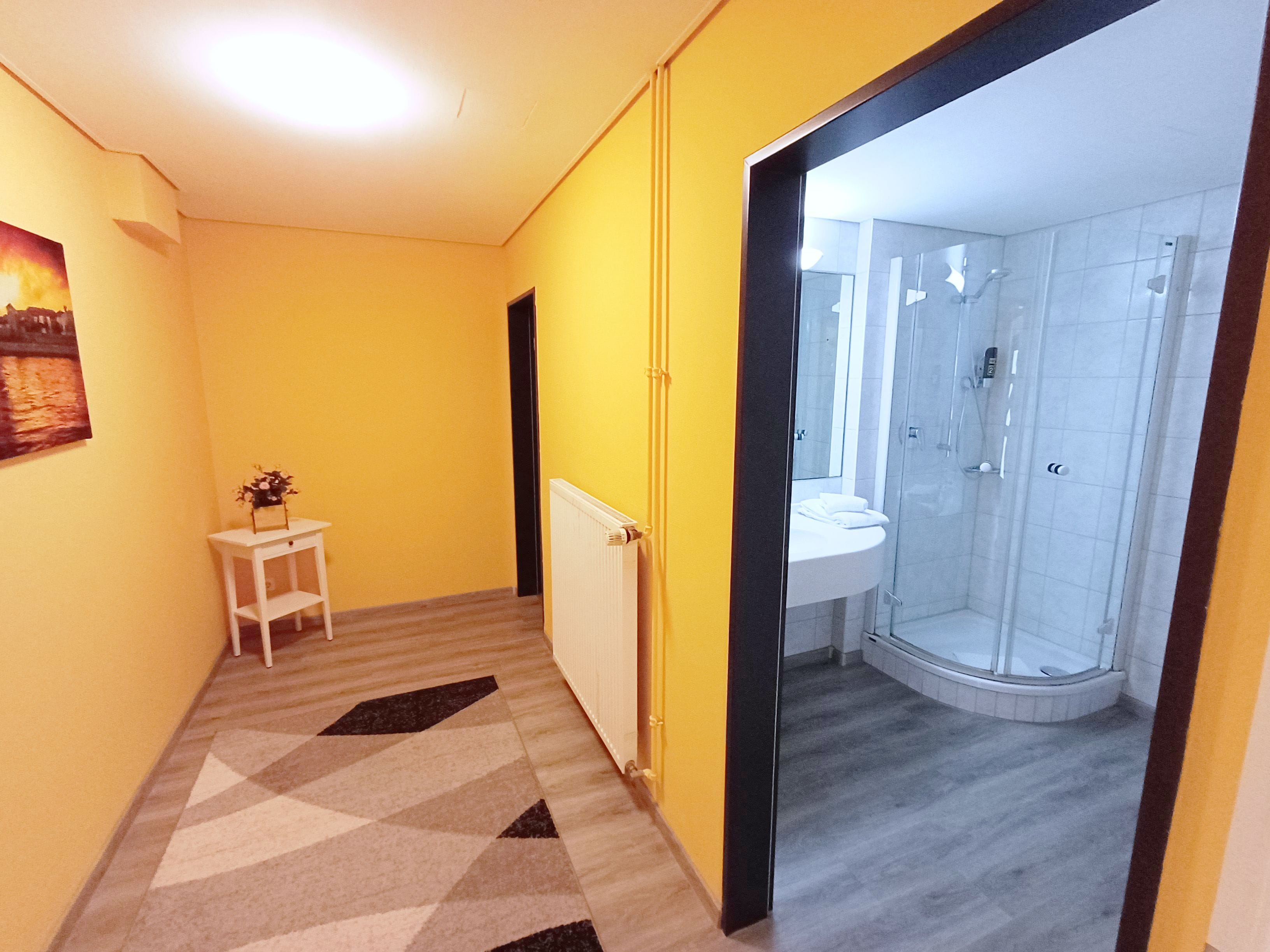 A narrow hallway with a patterned carpet, a small white table with a vase, and a glass-enclosed shower area with a white sink.