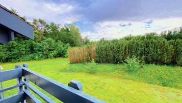 A grassy outdoor area with a wooden fence, dense shrubbery, and a variety of trees.