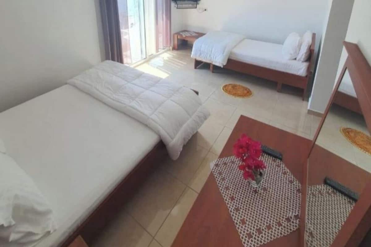 A hotel room with two beds, a TV, and a ceiling fan.