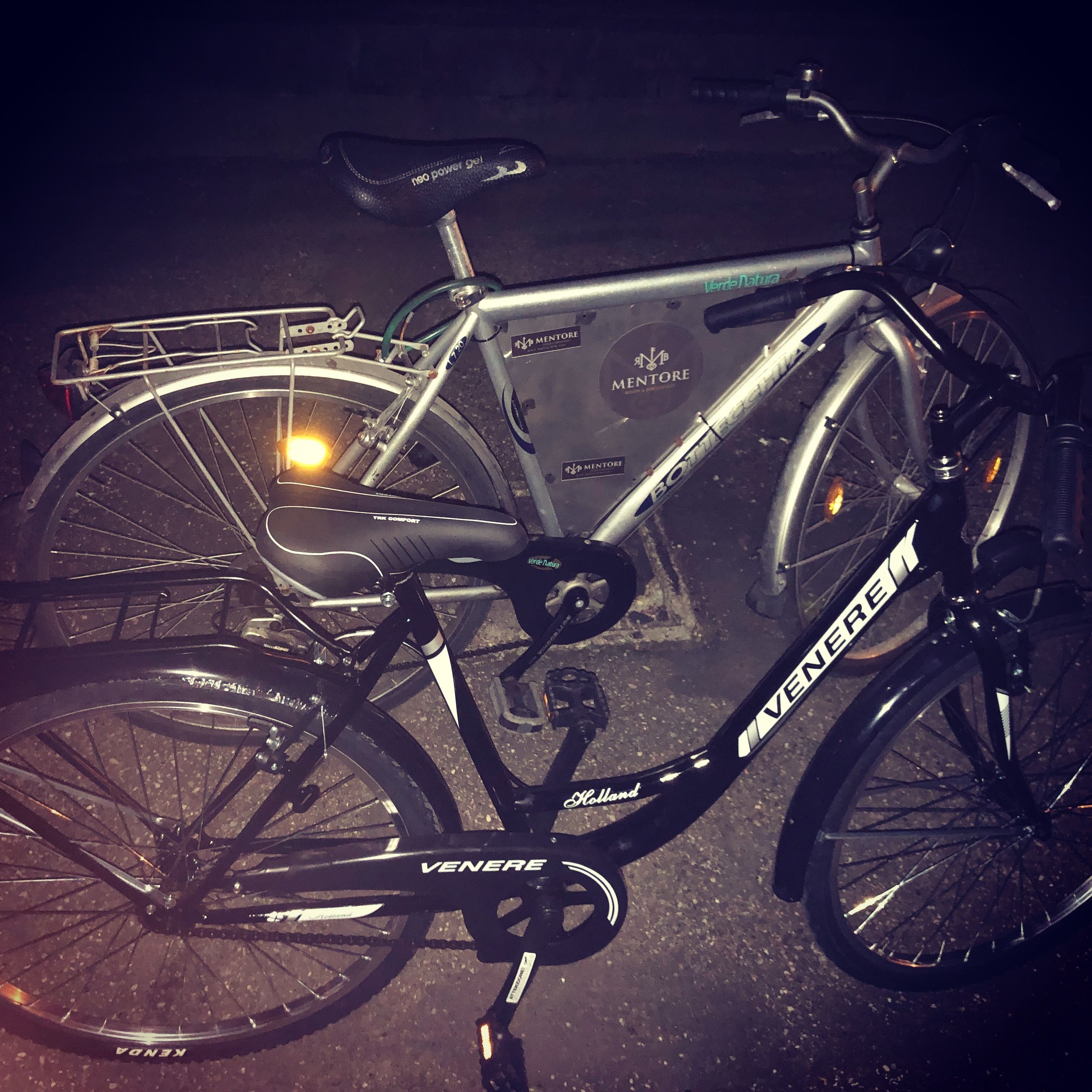 Una bicicletta con marchio 'VENERE', portapacchi posteriore e marchio 'MENTORE' sul telaio.