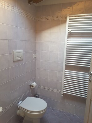Ein kleines Badezimmer mit Fliesen, einer Toilette, einem Handtuchhalter und einer Heizung.