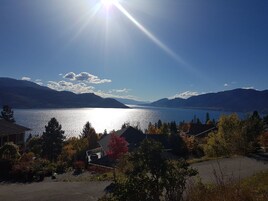 A residential area with houses, a lake, and mountains in the background.