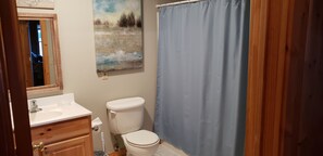 Combined shower/tub, hair dryer, towels, soap