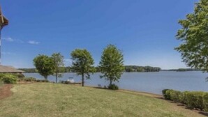 A grassy area with a lake and trees in the background.