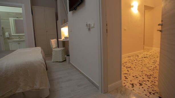 Un dormitorio con cama, una silla, un televisor y un baño con ducha.