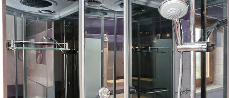Combined shower/bathtub, hair dryer, bidet, towels